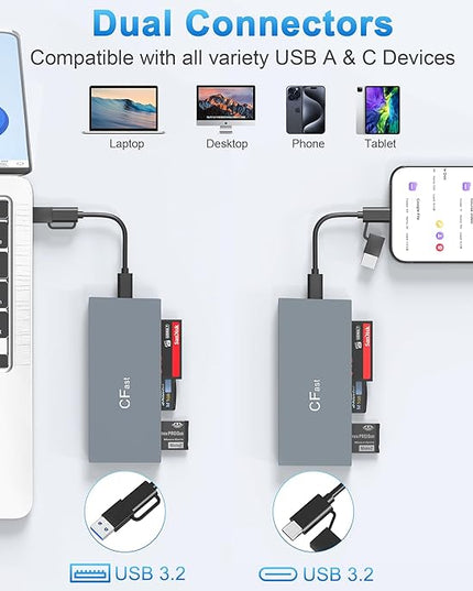 CFast Card Reader Memory Stick Pro Duo Adapter, USB C CFast 2.0 Card Reader for CFast/SD/TF/MS/XD/CF CompactFlash Card, XD Card Reader USB C USB 3.0 Connector Read 6 Cards Simultaneously