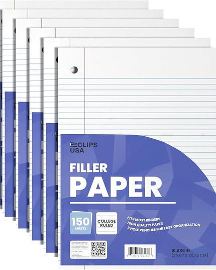 Loose Leaf Paper College Ruled Notebook Paper College Ruled Lined Writing Filler Paper 10.5” x 8” 900 Sheets 150 Sheets Per Pack 60 gsm (6 Pack)