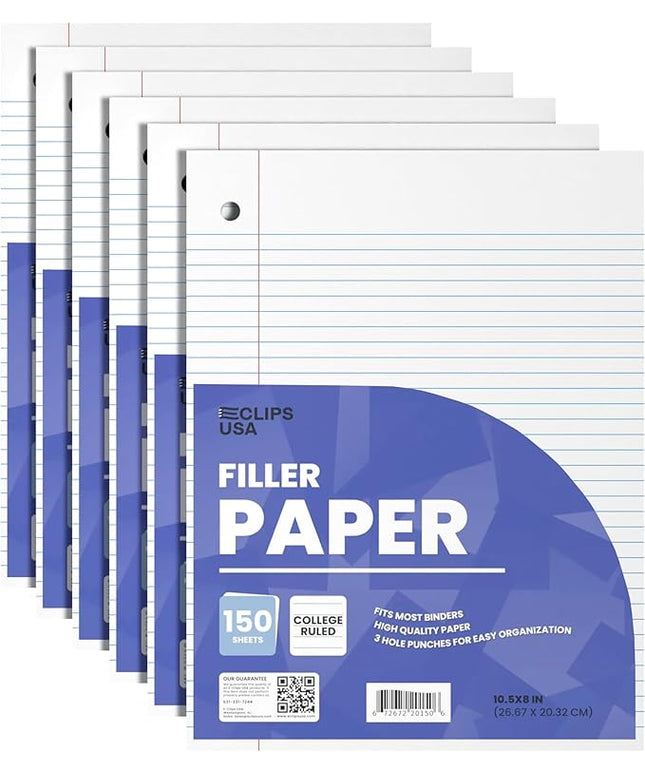 Loose Leaf Paper College Ruled Notebook Paper College Ruled Lined Writing Filler Paper 10.5” x 8” 900 Sheets 150 Sheets Per Pack 60 gsm (6 Pack)