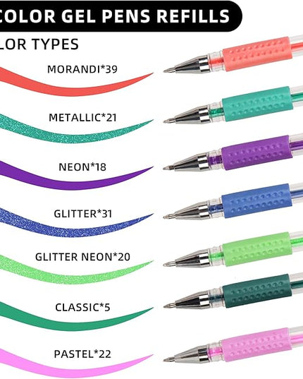Glitter Gel Pen Refills, 156 Colors Gel Ink Pen Refills Replacements, Metallic Neon Ink Refills for Adults Coloring Book Drawing Doodling Journaling Art Supplies