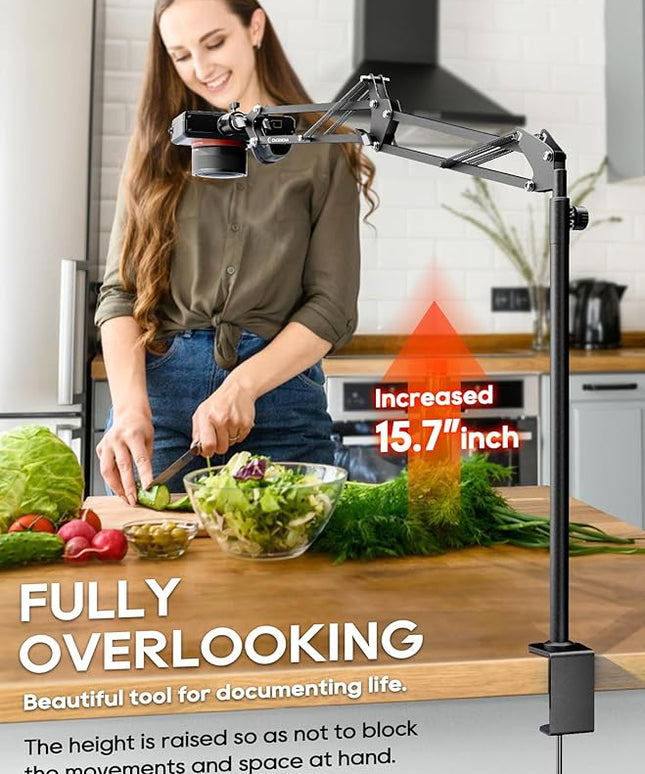 Overhead Camera Mount, 5lb Horizontal Load-Bearing, 360° Adjustable Stand for Desk, Flexible Arm Desk Mount, with Phone Clamp, Tabletop Mount for DSLR Camera/Webcam/Microphone（White