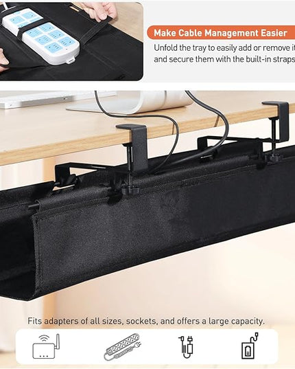 MAXECHO Under Desk Cable Management Tray 28" - Clamp on Wire and Cable Organizer for Storage and to Hide Cords - Ideal for Home Office - Premium Black Fabric Design