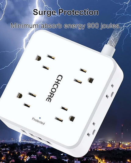 Surge Protector Power Strip - CHCORE 10 Ft Braided Extension Cord with 8 Outlets with 4 USB (2 USB C) Charging Ports, Flat Plug Multi Plug Outlet Extender Charging Station for Home Office, ETL, White
