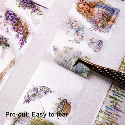 AuriicLeaf Wisteria Garden PET Tape Set, 3 Rolls of Pre-Cut Floral Vine Stickers for Scrapbooking, Journaling, DIY Crafts, and Collage Decoration (30mm/50mm/55mm)