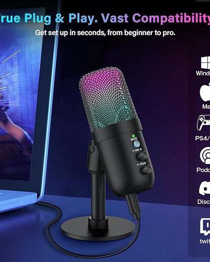 USB Microphone, Computer Condenser Mic with Noise Cancellation, Echo Mode, RGB Lighting, Mute Button, Plug & Play Gaming Mic for PC, Mac, PS5, Streaming, Recording, Podcasting & Online Meetings