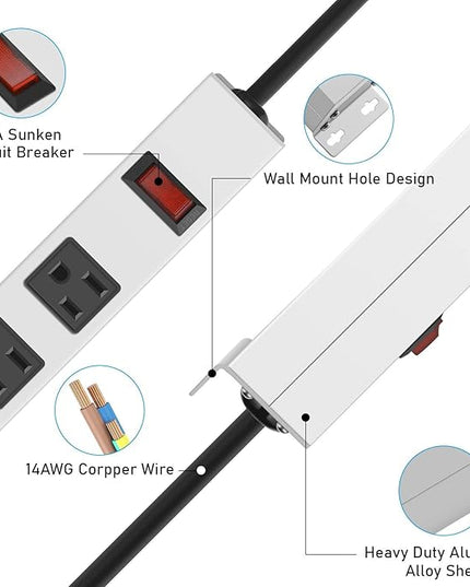 JUNNUJ Metal 8 Outlet Power Strip, Mountable Heavy Duty Power Strip, 1200J Surge Protector Wall Mount Screws Outlet with Switch, Gaming Desk Strips Wide Spaced 15A 125V 1875W, 6 FT 14AWG Power Cord