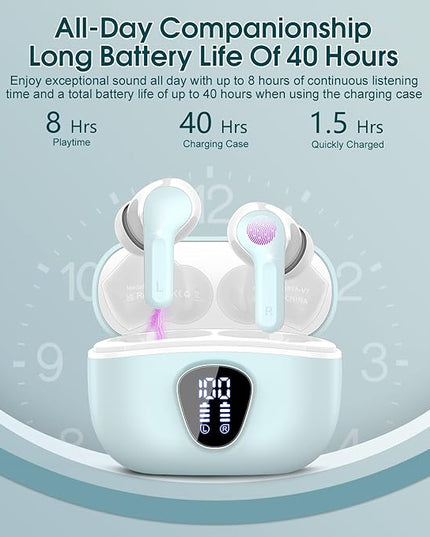Wireless Earbuds, Bluetooth 5.4 Headphones HiFi Stereo, Bluetooth Earbuds with ENC Noise Cancelling Mic, IP7 Waterproof in Ear Earphones, 48H, LED Display Ear buds for Pad Phones Workout Sports, Azure