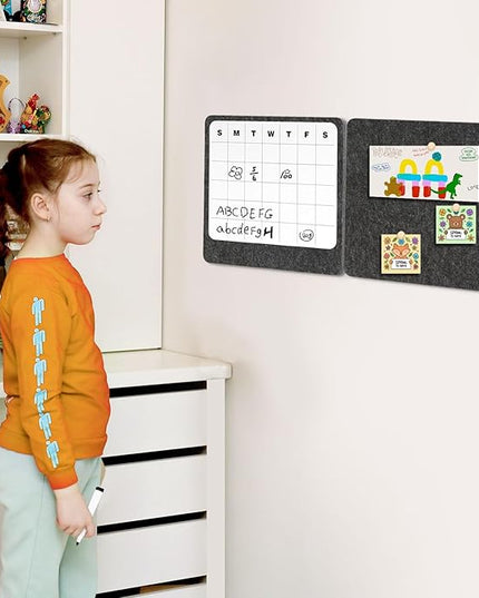 DOLLAR BOSS Felt Bulletin Board & Dry Erase Whiteboard Calendar Combo 2 Pcs 12" X 12" Magnetic White Board Cork Board for Wall Frameless Combination Board with Pins Wall Decor for Home School Office