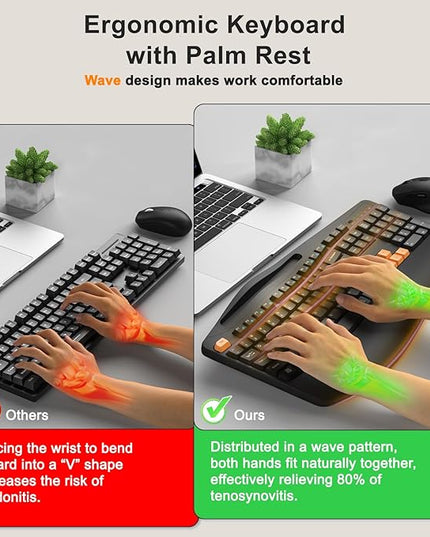 Wireless Keyboard and Mouse Combo, 2.4G Full Size Wave Keys Ergonomic Keyboard with Wrist Rest, Phone Holder, 3-Level DPI Wireless Silent Mouse with 6-Buttons, for Windows/Mac OS/Laptop(Orange Black)