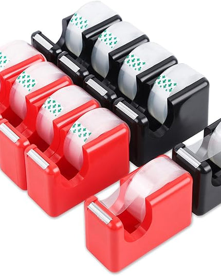 Lichamp 10 Pack Office Desktop Tape Dispenser Includes 10 Rolls of 1 Inch Core Tapes 3/4 in x 1000 in, Red and Black Desk Tape Dispensers Non-Skid Base, Great for School, Office and Home