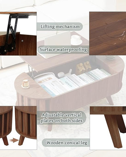 Janmer Home Small Lift Top Coffee Table with Storage, 47.3" Mid Century Modern Curved Coffee Table, Oval Center Table with Lift Tabletop for Living Room, Office (Walnut)