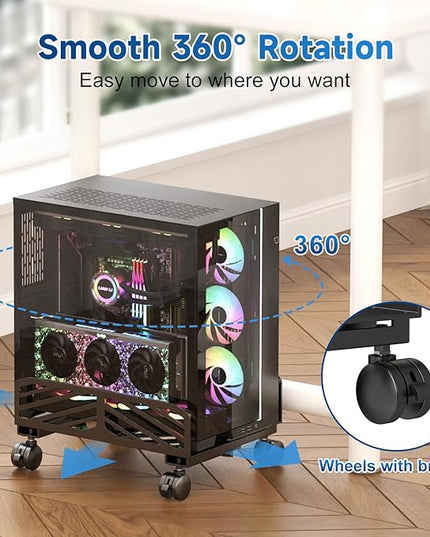 Suptek Computer Tower Stand,7.28 to 11.81 inch Wide Adjustable CPU Steel Rolling Stand,Under Desk or Floor Mobile CPU Stand Holder with Locking Caster Wheels,Gaming PC Holder, Black
