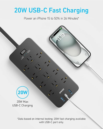 Anker Surge Protector Flat Plug Power Strip(2100J), 12 AC Outlets, 5feet Flat Extension Cord, 1USB C and 2 USB Ports for Multiple Devices, 20W Fast Charging for Home, Office, Dorm Essential, TUV