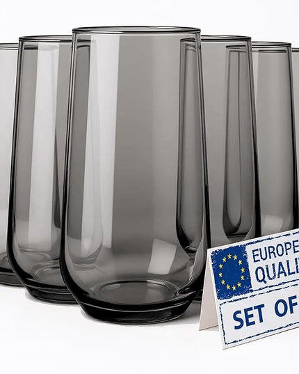 Gray Drinking Glasses Set of 6 | 16 oz Smoked Gray Glass Cups | Highball Drinkware for Cocktails, Long Drink, Water, Mojito, Juice, Soda