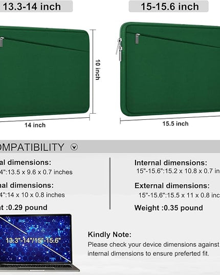 15.6 inch Laptop Sleeve, Durable Carrying Bag Protective Case Briefcase Handbag with Front Pocket, Slim Computer Cover for 15-16 Inch HP, Dell, Lenovo, Asus, Notebook, Dark Green