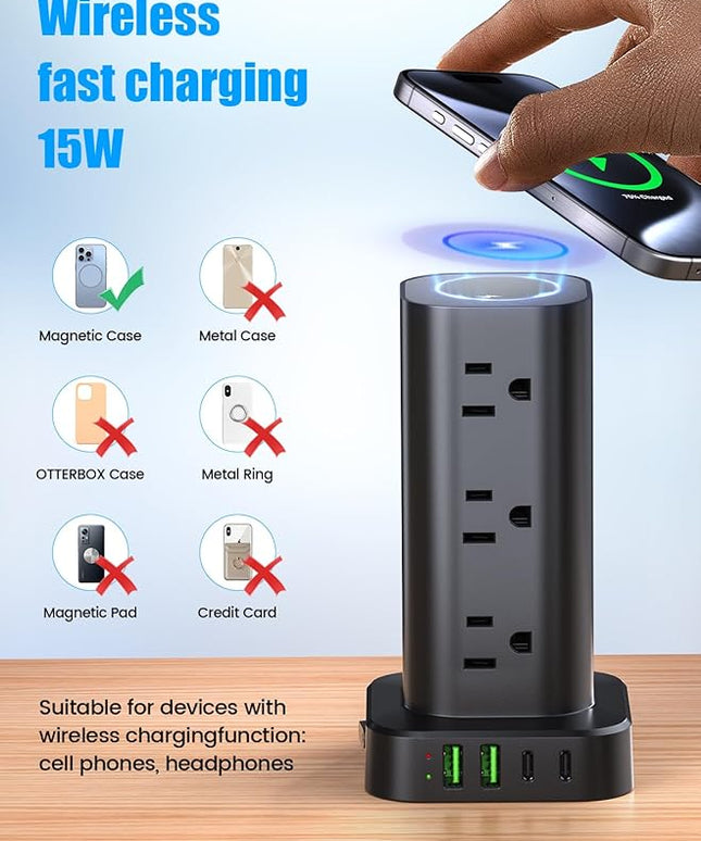 Tower Power Strip with 15W Wireless Charger, 6FT Flat Plug Extension Cord with Multiple Outlets, 12 AC Outlets, 4 USB Ports (2 USB C) Charging Station Surge Protector for Office Home Dorm Room (Black)
