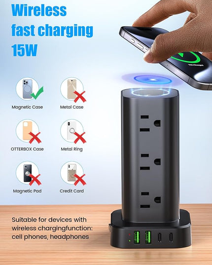 Tower Power Strip with 15W Wireless Charger, 10FT Flat Plug Extension Cord with Multiple Outlets, 12 AC Outlets, 4 USB Ports (2 USB C) Charging Station Surge Protector for Office Home Dorm Room(Black)