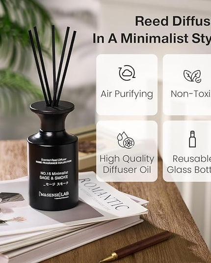 M&SENSE Reed Diffuser Set, 10.14 fl oz Large Reed Diffuser, Sage & Smoke Scented with Natural Essential Oils, Long Lasting with 7 Sticks, Non-Toxic Home Fragrance Reed Diffuser for Bedroom, Bathroom