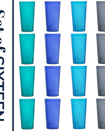 US Acrylic Cafe Plastic Reusable Tumblers (Set of 16) 20-ounce Water Cups Coastal Colors | Restaurant Style Drinking Glasses Value Set, Stackable, BPA-free, Made in the USA | Top-rack Dishwasher Safe