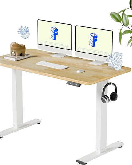 FLEXISPOT EN1 Solid Wooden Single-Piece Standing Desk, 48 x 24 Inches Sit Stand Desks for Home Office and Gaming (White Frame + Rubber Wood Top, 2 Packages)