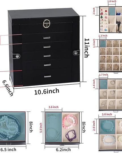 BOOVO Jewelry Box For women, 6 Layer Large Jewelry Organizer With Mirror, Multi-Function Storage Box With Lock, Accessory Holder With 5 Drawers, For Earrings Necklace Ring Bracelet (Black)