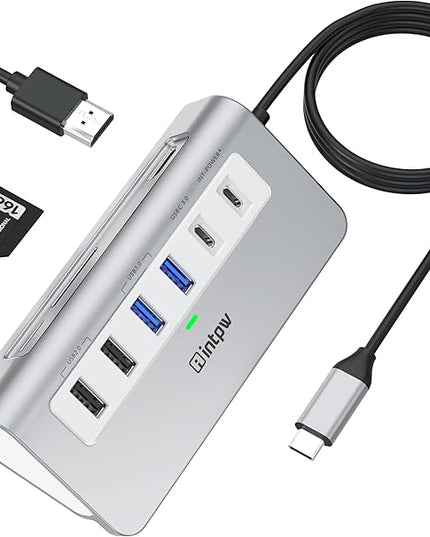 P9 USB C Docking Station, intpw 9-in-1 USB C Hub with 4K HDMI, PD 100W, 3 Type A/C 3.0 5Gbps, 2 Type-A 2.0, SD/TF, Aluminum USB Hub for Laptop,MacBook, iPad, iPhone 17 Series