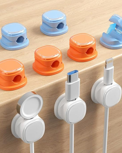9 Pack Cord Organizer, Spring Cable Management, Adhesive Cute Cable Holder Clips, Phone Charger Wire Keeper for Desk Nightstand Car Office (9-Pack White_Orange_Blue)