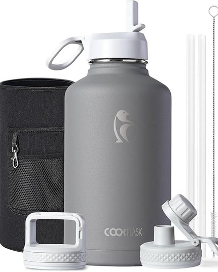 Half Gallon Water Bottle Insulated with Straw & 3 Lids, Coolflask 64 oz Water Jug Large Metal Stainless Steel Wide Mouth for Sports, Gym or Office, Non-BPA Keep Cold 48H Hot 24H, Dark Grey