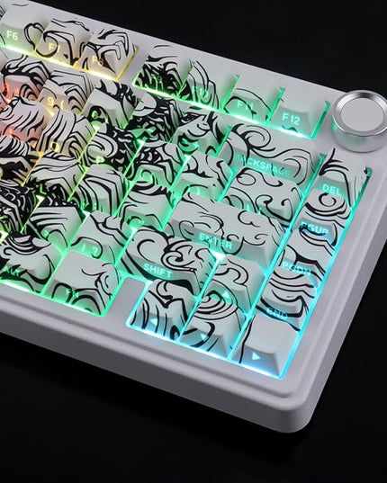 Tsungup PBT Keycaps,138 Keys Custom Cool Dragon Pattern Side Printed Keycaps,Cherry Profile Key Caps Keyboard Keycap Set for 60% 65% 75% 80% 100% MX Switches Mechanical Keyboard(White)
