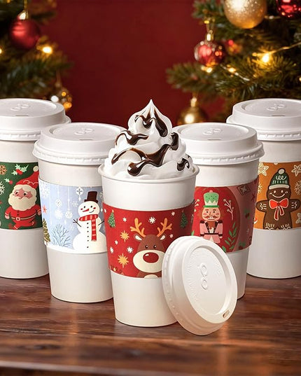 Fit Meal Prep 50 Pack 16 oz Christmas Disposable Coffee Cups with Lids, Sleeves, Leak-Proof To Go Coffee Cups with Lids, Durable Holiday Hot Paper Cups for Home, Office, Party, Business