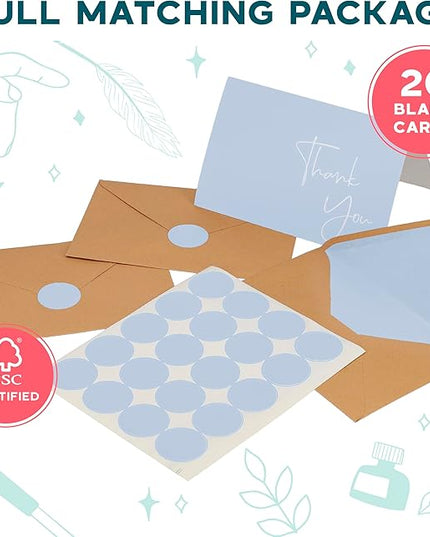 VNS Creations 20 Pack Thank You Cards With Envelopes, Stickers, 4x6 Inch Blank Thank You Notes - Bulk Box Set Large Notes for Graduation, Wedding, Small Business, Baby & Bridal Shower - Light Blue