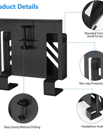 MAXECHO Desk Side Storage, Under Desk Laptop Mount, Table Side Hanging File Organizer, No Drill Clamp On Cable Management Tray, Laptop Holder with 2 Hooks for Office and Home, Load 22 Lbs