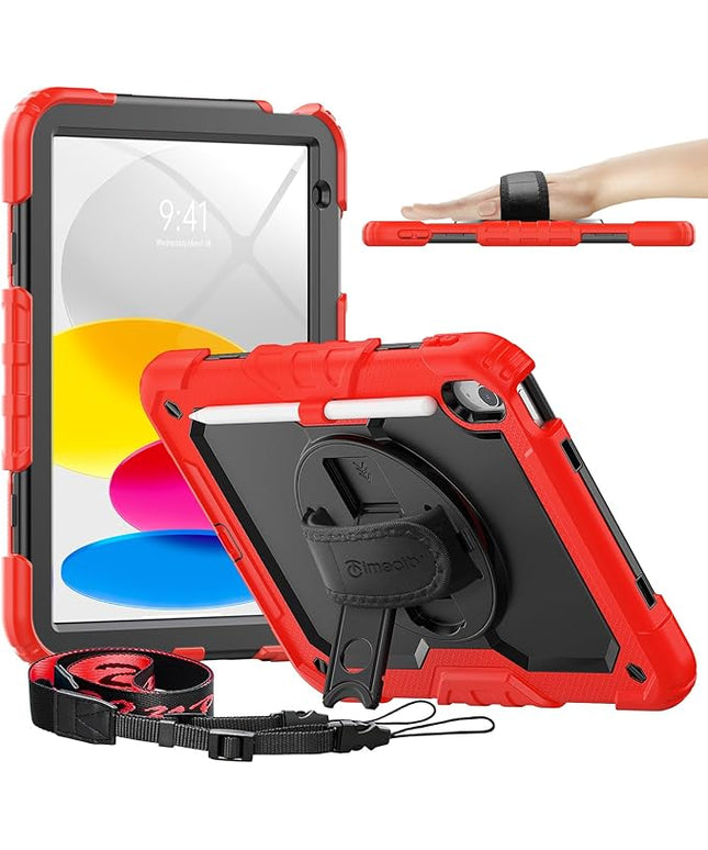 timecity for iPad (A16) 11th/ 10th Generation Case 11''/ 10.9 Inch (2025/2022) - Heavy Duty Protective Cover with Screen Protector, Stand, Shoulder Strap & Pencil Holder | Kids-Friendly - Red