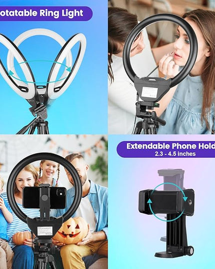 Sensyne 10'' RGB Ring Light with 50'' Extendable Tripod Stand, Circle Lights with Phone Holder for Live Stream/Makeup/YouTube Video/TikTok, Compatible with All Phones