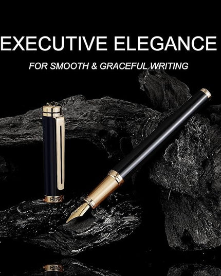 HDDNB Black Luxury Fountain Pen Set for Men and Women with Gift Box, 24K Gold Finish and Gilded Nib(Extra Fine) with 5 Black Ink Cartridges and Converter