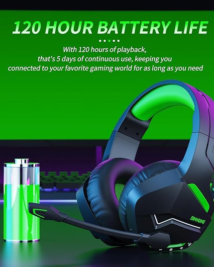BINNUNE 2.4GHz Wireless Gaming Headset, Bluetooth 5.3 Gaming Headphones with Noise Canceling Mic, 120H Ultra-Long Battery, 50mm Drivers, Multi-Platform for PC / PS5 /PS4/ Switch/Mobile, Green
