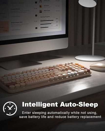 MOFII Wireless Keyboard and Mouse Combo, Full Size 2.4G Plug and Play Typewriter Retro Round Computer Keyboard and Mouse Set for Windows, Computer, Desktop, PC, Notebook - (Milk Tea Colorful)