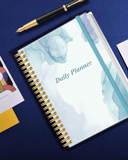 Daily Planner Undated - B5 To Do List Notebook Hourly Schedules, Spiral Appointment Planner for Women and Men, PVC Hardcover, Inner Pocket, Elastic Closure, 7" x 10", Blue Watercolor