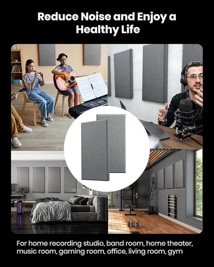 Moukey Acoustic Panels 4 PCS, 2.4“ Thick Fiberglass Soundproof Wall Panels 24''x12'', Self-adhesive Sound Absorbing Panels for Studios, Office, Home Theater (Gray)