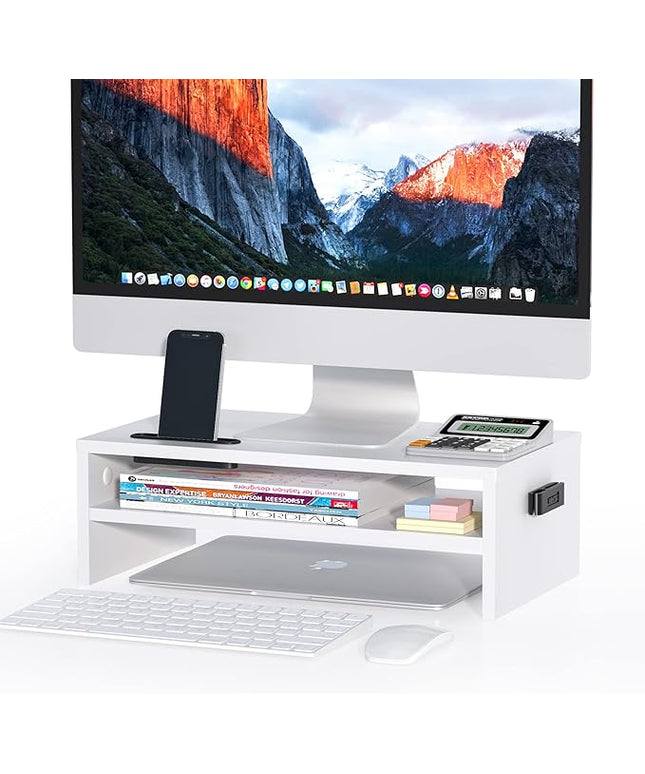 BONTEC Wooden Monitor Stand Riser, 2-Tier Desk Shelf with Storage Organizer, Ergonomic Computer Stand with Cable Management, Cellphone Holder, White, 16.5 Inch
