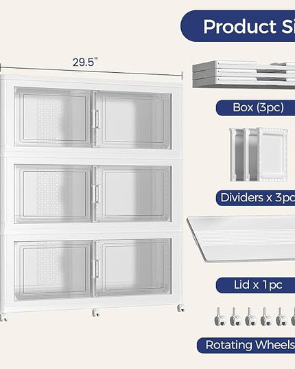 120Gal Stackable Storage Bins with Lid, 480Qt Extra Large Collapsible Storage Box with Wheels, Dividers, Folding Plastic Cabinet Closet Organizers for Home Kitchen Office Dorm, 3Pack White