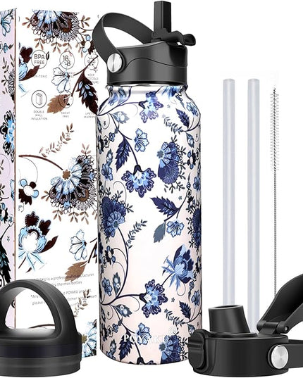 Water Bottle Insulated 32oz 40oz 64oz 128oz Straw Lid Spout Lid & 3 Lids, Leak Proof, Vacuum Insulated,Stainless Steel Water Bottle Wide Mouth for Sports, Gym or Office