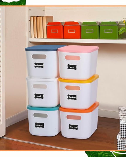 Thyle 12 Pack 7 Quarts Plastic Storage Bins for Christmas Storage with Lids Handles Colorful Stackable Desktop Box Bins with Label for Shelf Drawer,10 x 7 x 6 Inch (White)