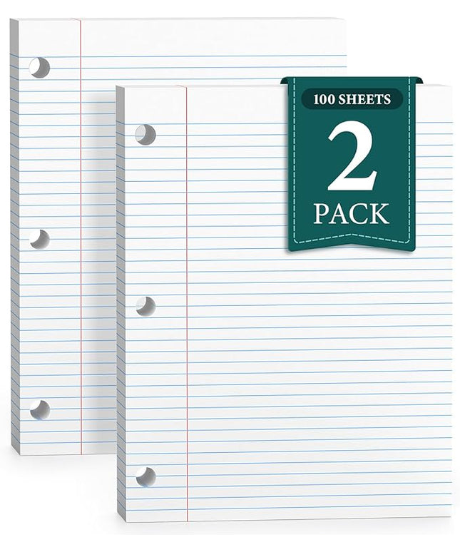 PINJINGPRO Loose Leaf Paper, Notebook Paper, 8 x 10.5 College Ruled Paper, 3 Hole Punch Binder Paper, Lined Paper for 3 Ring Binders, College Ruled Paper, 100 Sheets/Pack Filler Paper (2 Pack)