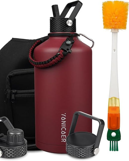 Insulated Water Bottle 128oz,Triple Wall Vacuum Stainless Steel(Dishwasher Safe),Leak Proof & Non-BPA,Flask Jug with Paracord Handle & Straw Spout Lids Sports Red