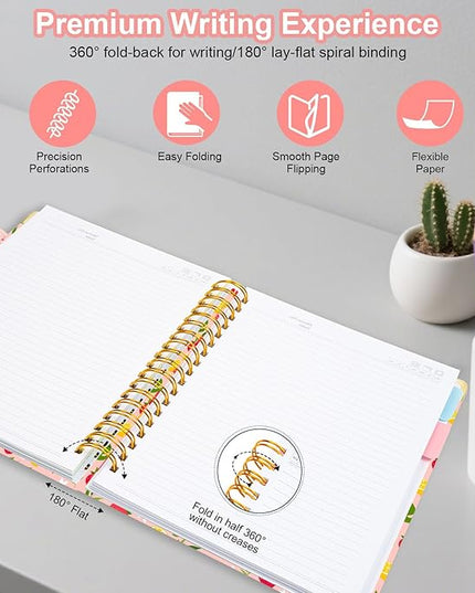 Spiral Journal Notebooks for Work, 300 Pages 5 Subject Notebook College Ruled with Dividers & Tabs, 8''x 10'' Large Notebook Journal for Women Students Note-Taking and Organizer (Pink Floral)