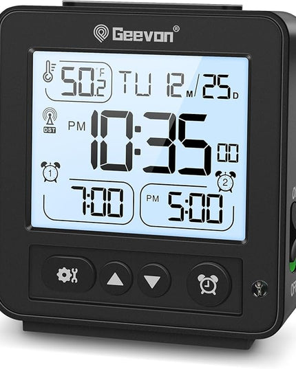 Geevon Small Digital Alarm Clock for Heavy Sleepers, Portable Travel Atomic Clock with Battery Powered, Compact Desk Table Clock with Auto Light Night, Dual Alarms, 8s Backlight for Bedroom, Black