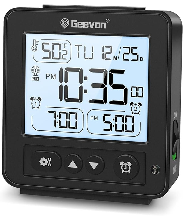 Geevon Small Digital Alarm Clock for Heavy Sleepers, Portable Travel Atomic Clock with Battery Powered, Compact Desk Table Clock with Auto Light Night, Dual Alarms, 8s Backlight for Bedroom, Black