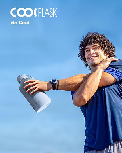 Half Gallon Water Bottle Insulated with Straw & 3 Lids, Coolflask 64 oz Water Jug Large Metal Stainless Steel Wide Mouth for Sports, Gym or Office, Non-BPA Keep Cold 48H Hot 24H, Light Blue