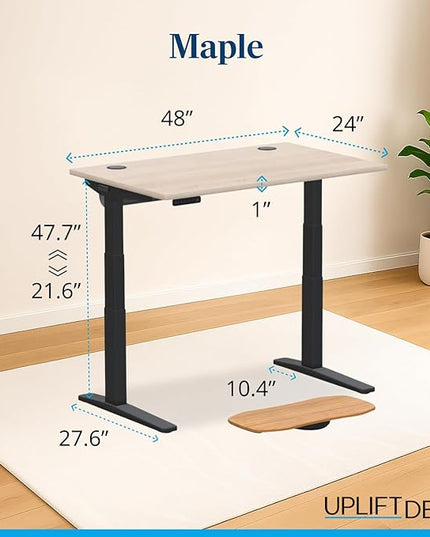 UPLIFTDESK V3 2-Leg Maple Laminate Wood Standing Desk – Adjustable Height, Advanced 1-Touch Memory Keypad, Under Desk Cable Management, Wire Grommets & Rocker Board (Black C-Frame, 48 x 30 inch)